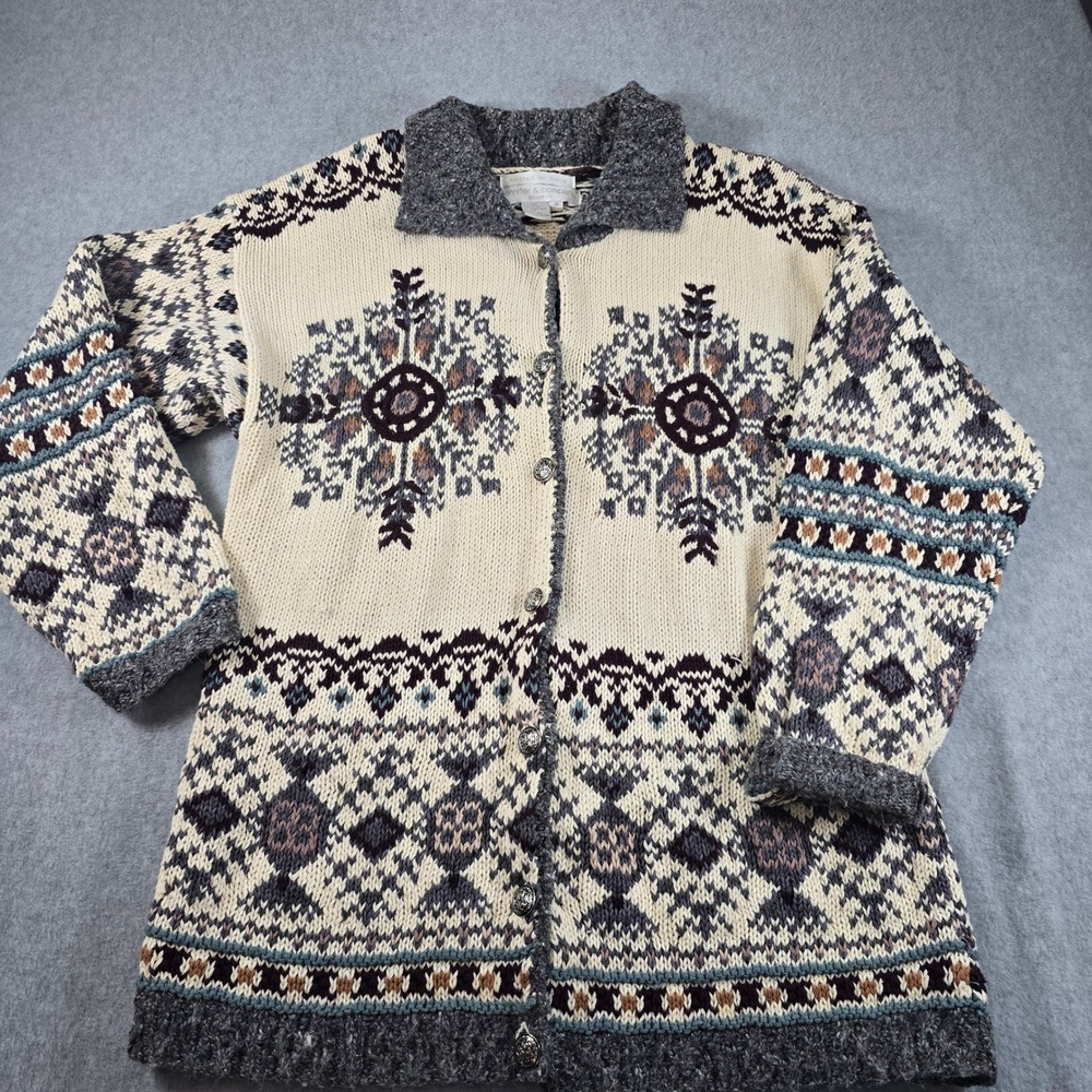 Jennifer & Company Vintage Hand Knit Fair Isle Snowflake Cardigan Sweater Mens M